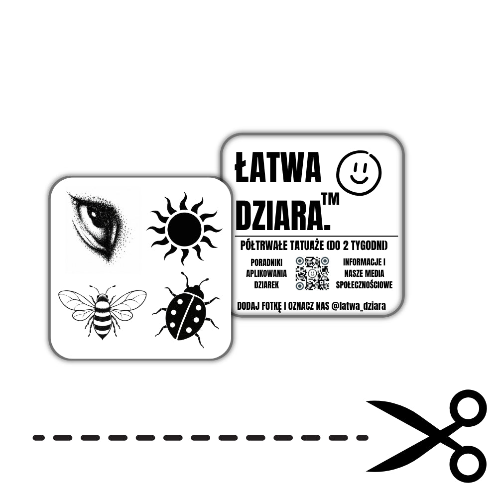 Małe Odkrycia - czarny tatuaż półtrwały, arkusz 5 × 5 cm, przód i tył opakowania