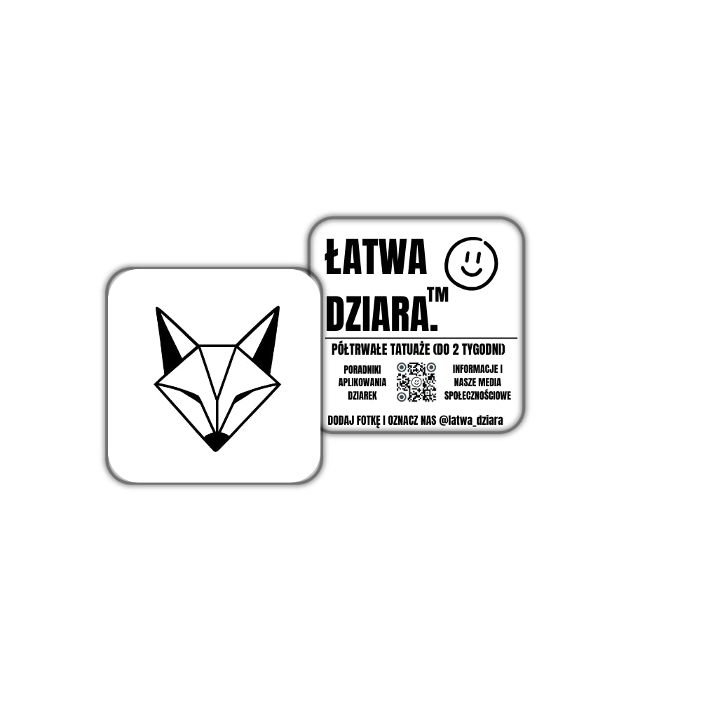 Geometryczny Lis Mini - czarny tatuaż półtrwały, arkusz 3 × 3 cm, przód i tył opakowania