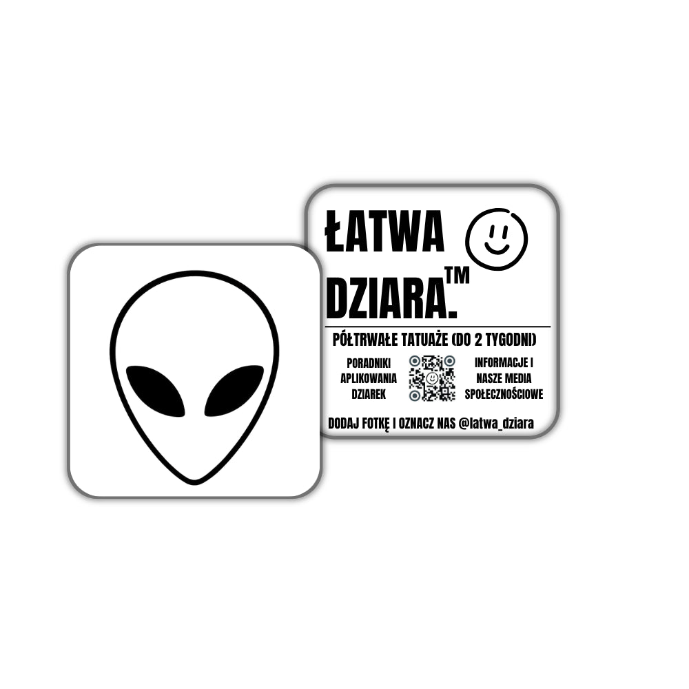 Kosmita Mini - czarny tatuaż półtrwały, arkusz 5 × 5 cm, przód i tył opakowania