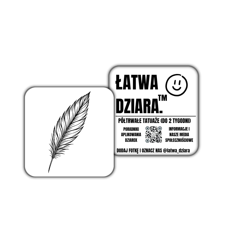 Piórko Mini - czarny tatuaż półtrwały, arkusz 5 × 5 cm, przód i tył opakowania