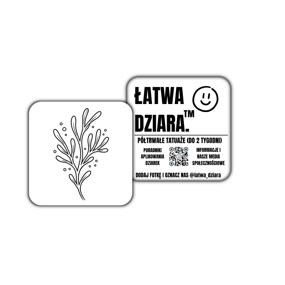 Morskie Liście - czarny tatuaż półtrwały, arkusz 5 × 5 cm, przód i tył opakowania