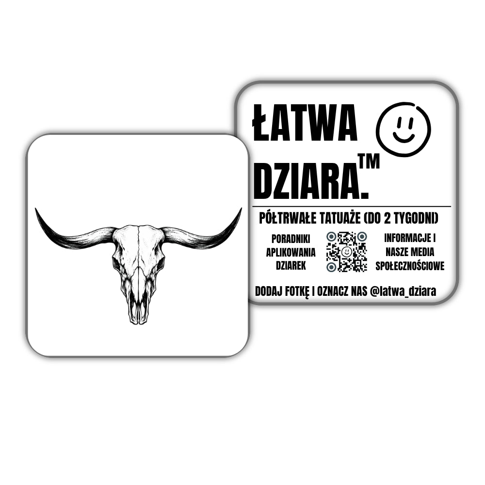Czaszka z Rogami - czarny tatuaż półtrwały, arkusz 10 × 10 cm, przód i tył opakowania