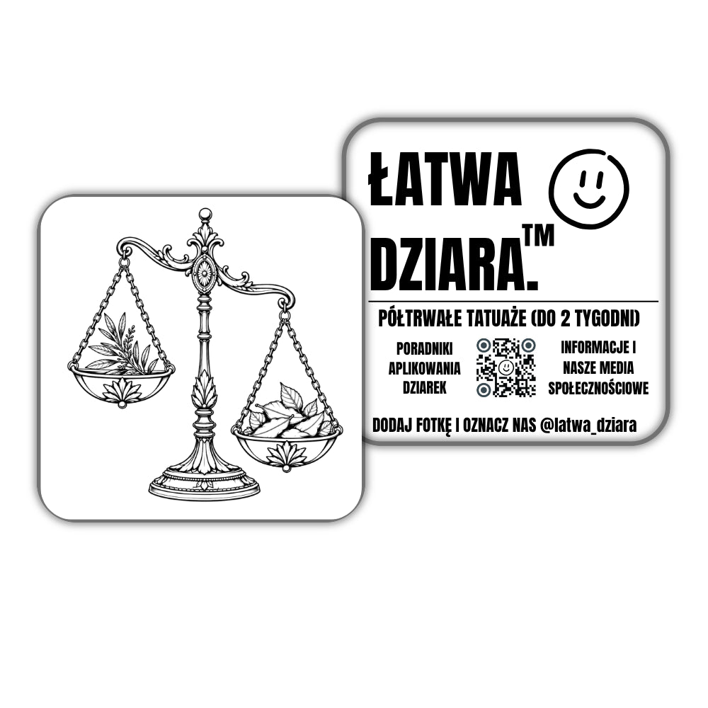 Waga Równowagi - czarny tatuaż półtrwały, arkusz 10 × 10 cm, przód i tył opakowania