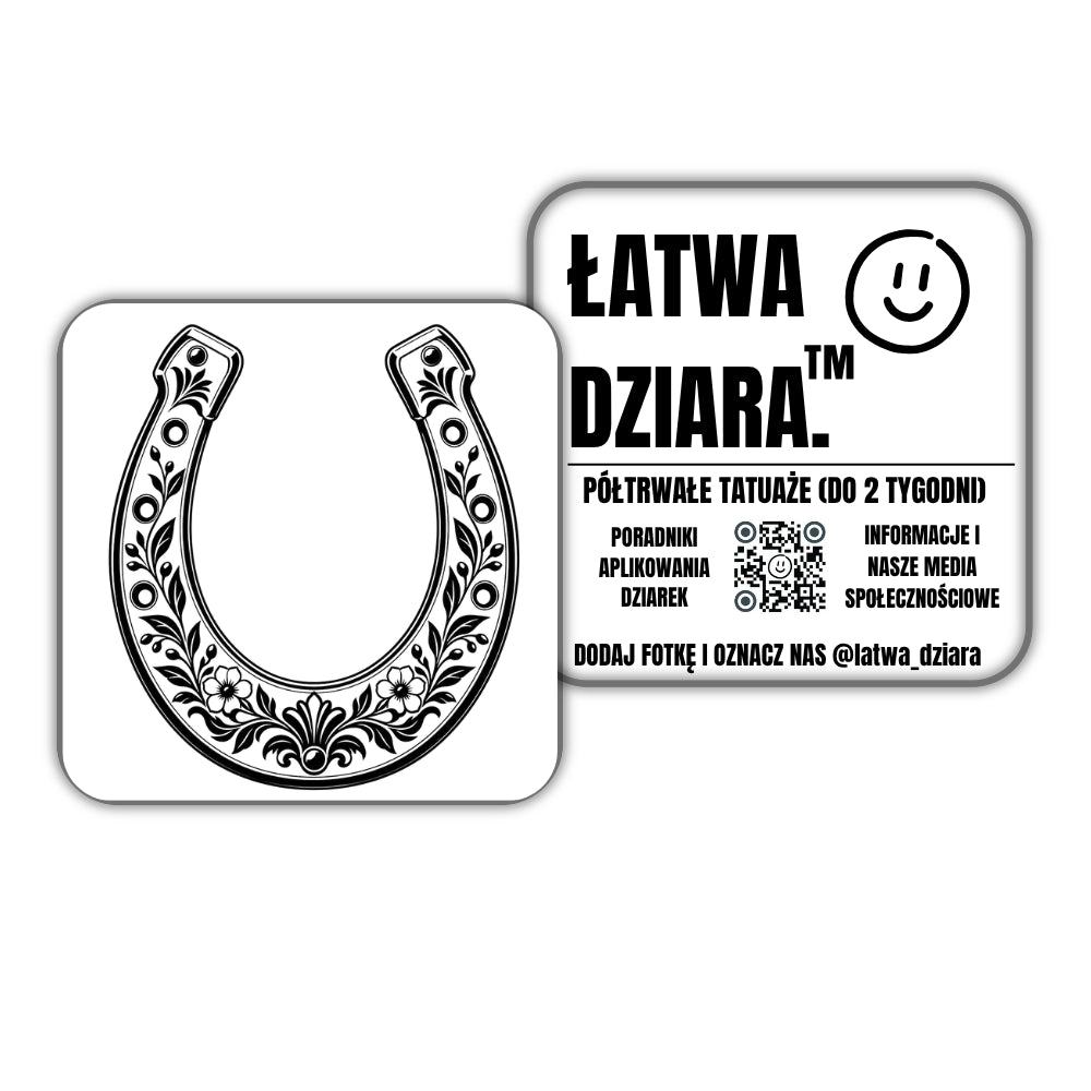 Kwiatowa Podkowa - czarny tatuaż półtrwały, arkusz 10 × 10 cm, przód i tył opakowania