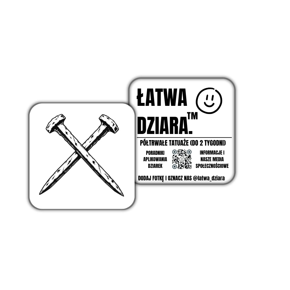 Skrzyżowane Gwoździe - czarny tatuaż półtrwały, arkusz 5 × 5 cm, przód i tył opakowania