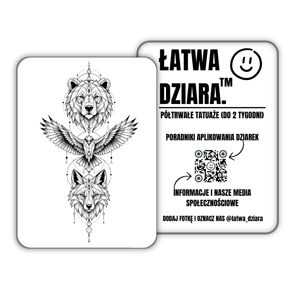 Wilczy Totem - czarny tatuaż półtrwały, arkusz 11 × 18 cm, przód i tył opakowania