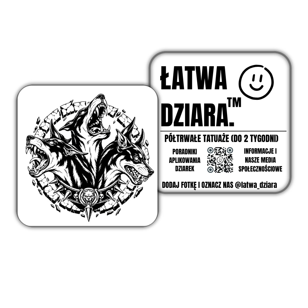 Cerber Strażnik - czarny tatuaż półtrwały, arkusz 10 × 10 cm, przód i tył opakowania