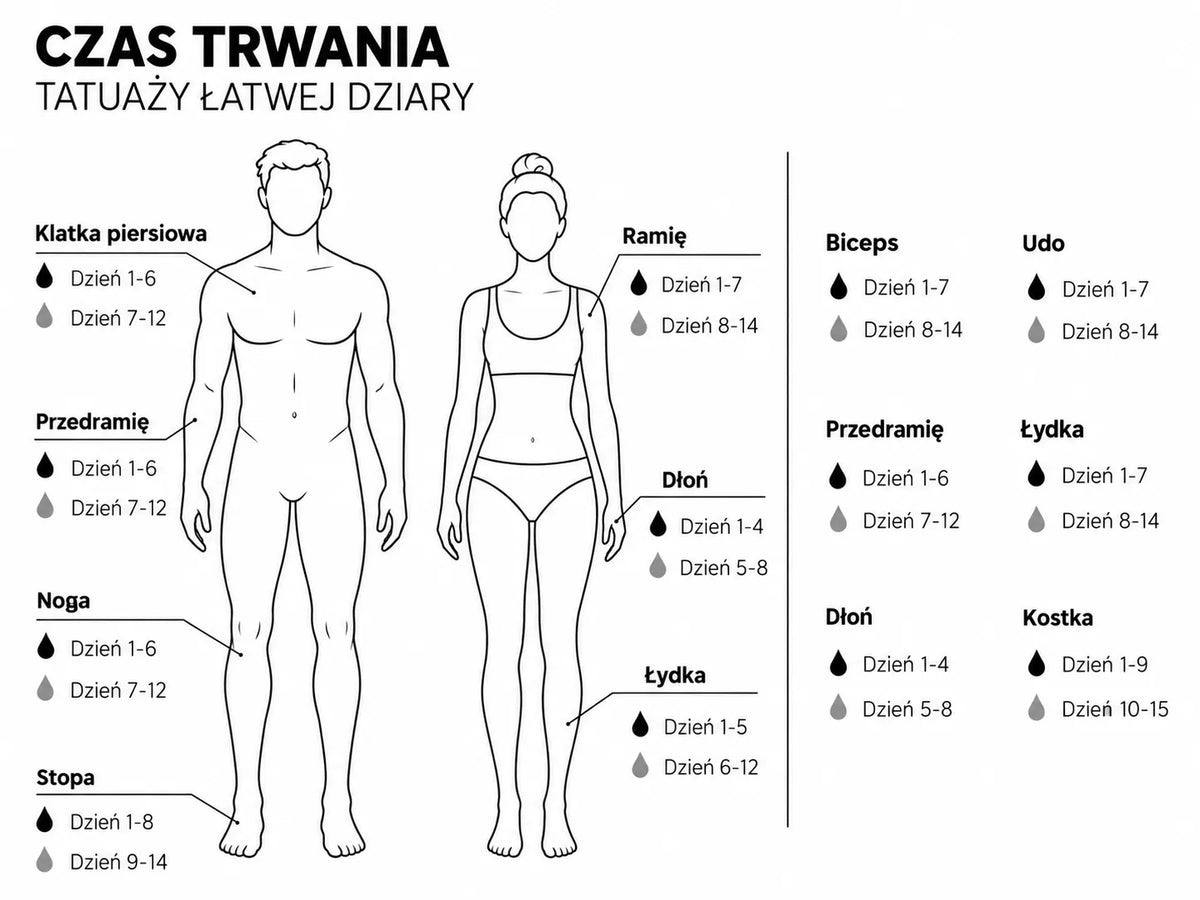 Czas trwania tatuaży Łatwej Dziary na różnych częściach ciała