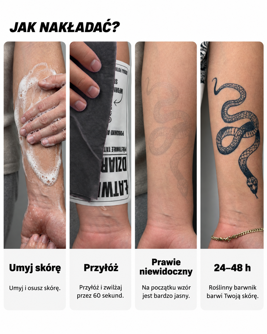 Oryginalna instrukcja Łatwa Dziara: przygotowanie skóry, papier z logo, prawie niewidoczny wzór i efekt po 24–48 godzinach