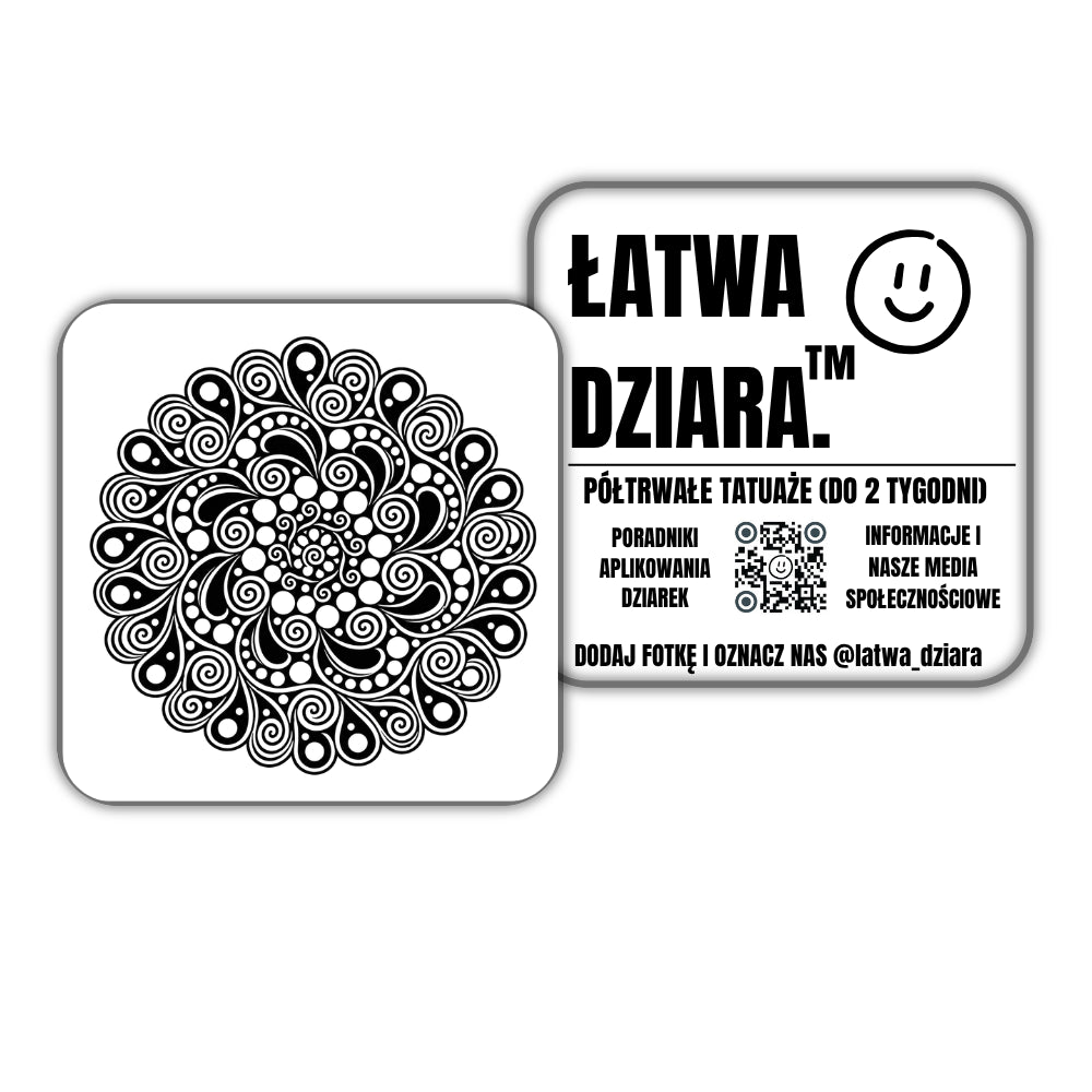 Rozeta Harmonii - czarny tatuaż półtrwały, arkusz 10 × 10 cm, przód i tył opakowania