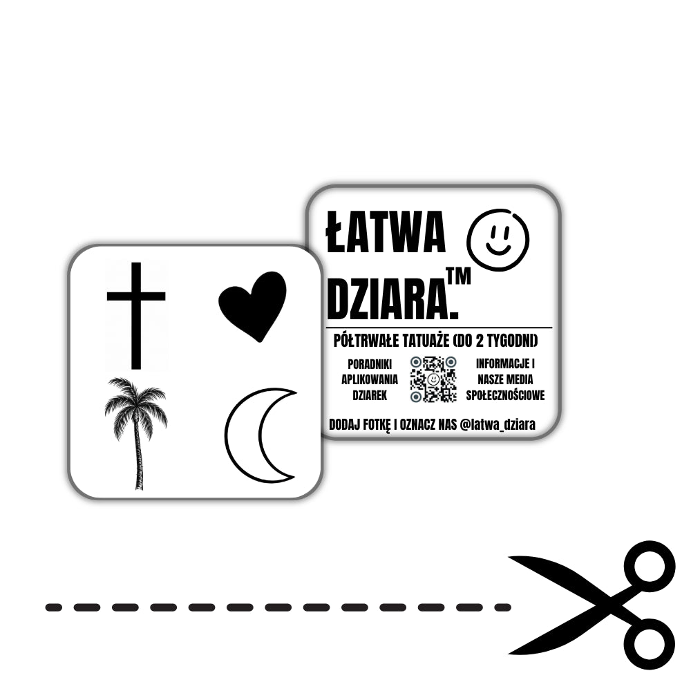Cztery Znaki - czarny tatuaż półtrwały, arkusz 5 × 5 cm, przód i tył opakowania