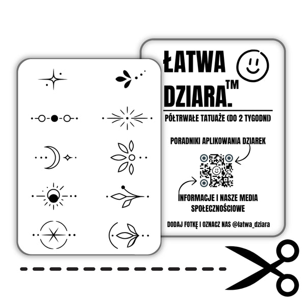 Atlas Małych Znaków - czarny tatuaż półtrwały, arkusz 8 × 11 cm, przód i tył opakowania