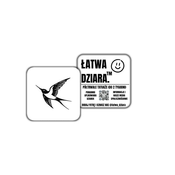 Ptak Mini - czarny tatuaż półtrwały, arkusz 3 × 3 cm, przód i tył opakowania