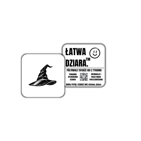 Kapelusz Czarownicy - czarny tatuaż półtrwały, arkusz 3 × 3 cm, przód i tył opakowania