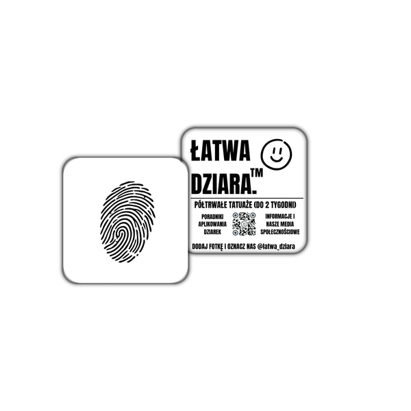 Odcisk Mini - czarny tatuaż półtrwały, arkusz 3 × 3 cm, przód i tył opakowania