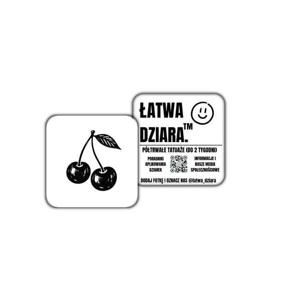 Para Wiśni Mini - czarny tatuaż półtrwały, arkusz 3 × 3 cm, przód i tył opakowania