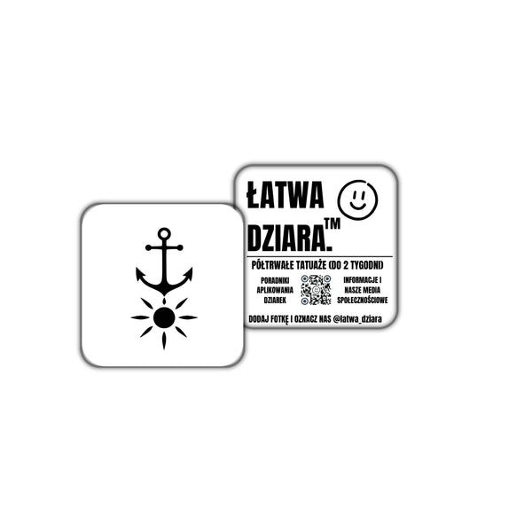 Słoneczna Kotwica Mini - czarny tatuaż półtrwały, arkusz 3 × 3 cm, przód i tył opakowania