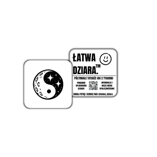 Księżyc Yin Yang Mini - czarny tatuaż półtrwały, arkusz 3 × 3 cm, przód i tył opakowania