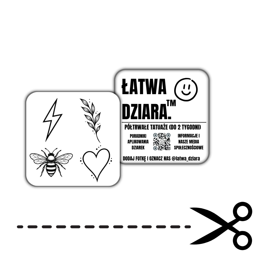 Codzienne Iskry - czarny tatuaż półtrwały, arkusz 5 × 5 cm, przód i tył opakowania