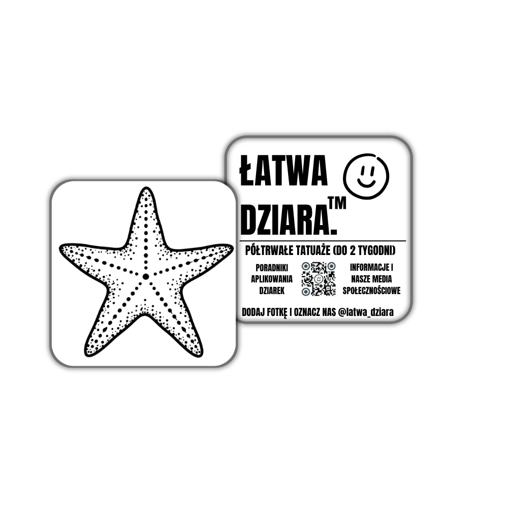Rozgwiazda z Kropek - czarny tatuaż półtrwały, arkusz 5 × 5 cm, przód i tył opakowania