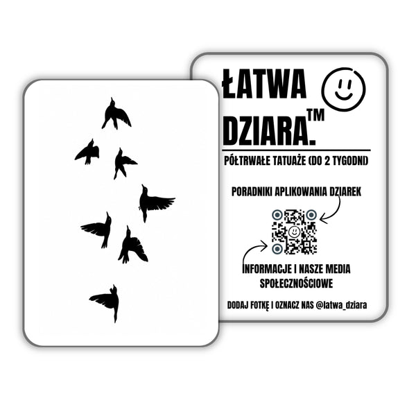Ptaki w Locie - czarny tatuaż półtrwały, arkusz 8 × 11 cm, przód i tył opakowania