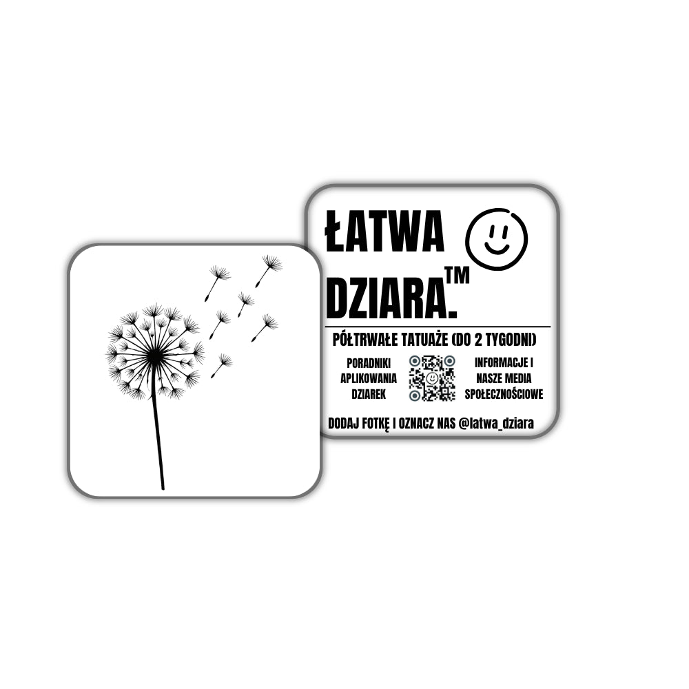 Dmuchawiec Mini - czarny tatuaż półtrwały, arkusz 5 × 5 cm, przód i tył opakowania