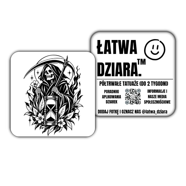 Klepsydra Kostuchy - czarny tatuaż półtrwały, arkusz 10 × 10 cm, przód i tył opakowania