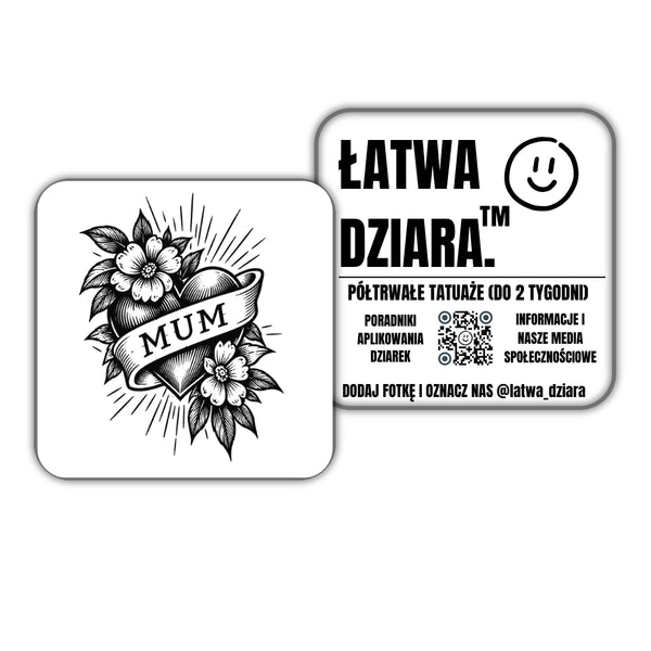 Serce dla Mamy - czarny tatuaż półtrwały, arkusz 10 × 10 cm, przód i tył opakowania