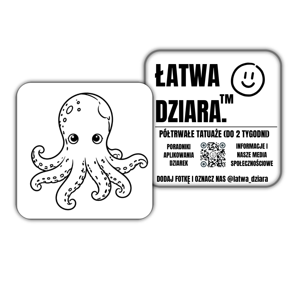 Mała Ośmiornica - czarny tatuaż półtrwały, arkusz 10 × 10 cm, przód i tył opakowania