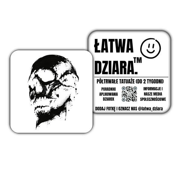 Surowa Czaszka - czarny tatuaż półtrwały, arkusz 10 × 10 cm, przód i tył opakowania