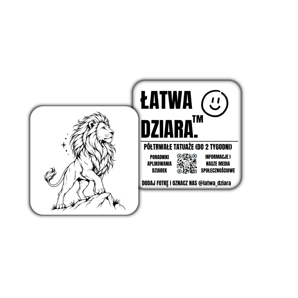 Lew na Skale Mini - czarny tatuaż półtrwały, arkusz 5 × 5 cm, przód i tył opakowania