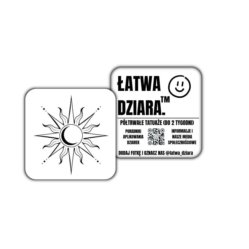 Słońce w Półksiężycu - czarny tatuaż półtrwały, arkusz 5 × 5 cm, przód i tył opakowania