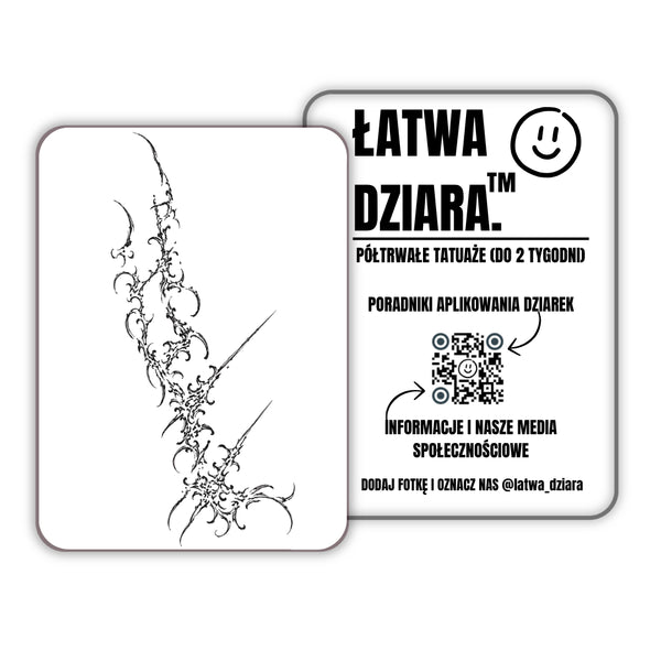 Ciernista Linia - czarny tatuaż półtrwały, arkusz 11 × 18 cm, przód i tył opakowania