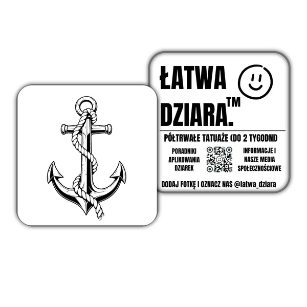 Kotwica z Liną - czarny tatuaż półtrwały, arkusz 10 × 10 cm, przód i tył opakowania