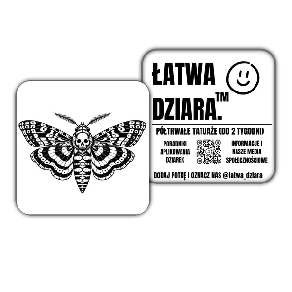 Ćma z Czaszką - czarny tatuaż półtrwały, arkusz 10 × 10 cm, przód i tył opakowania