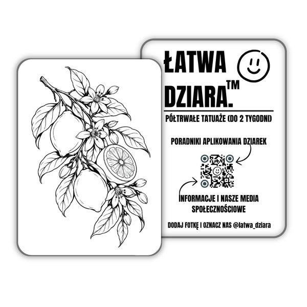 Cytrusowa Gałązka - czarny tatuaż półtrwały, arkusz 8 × 11 cm, przód i tył opakowania