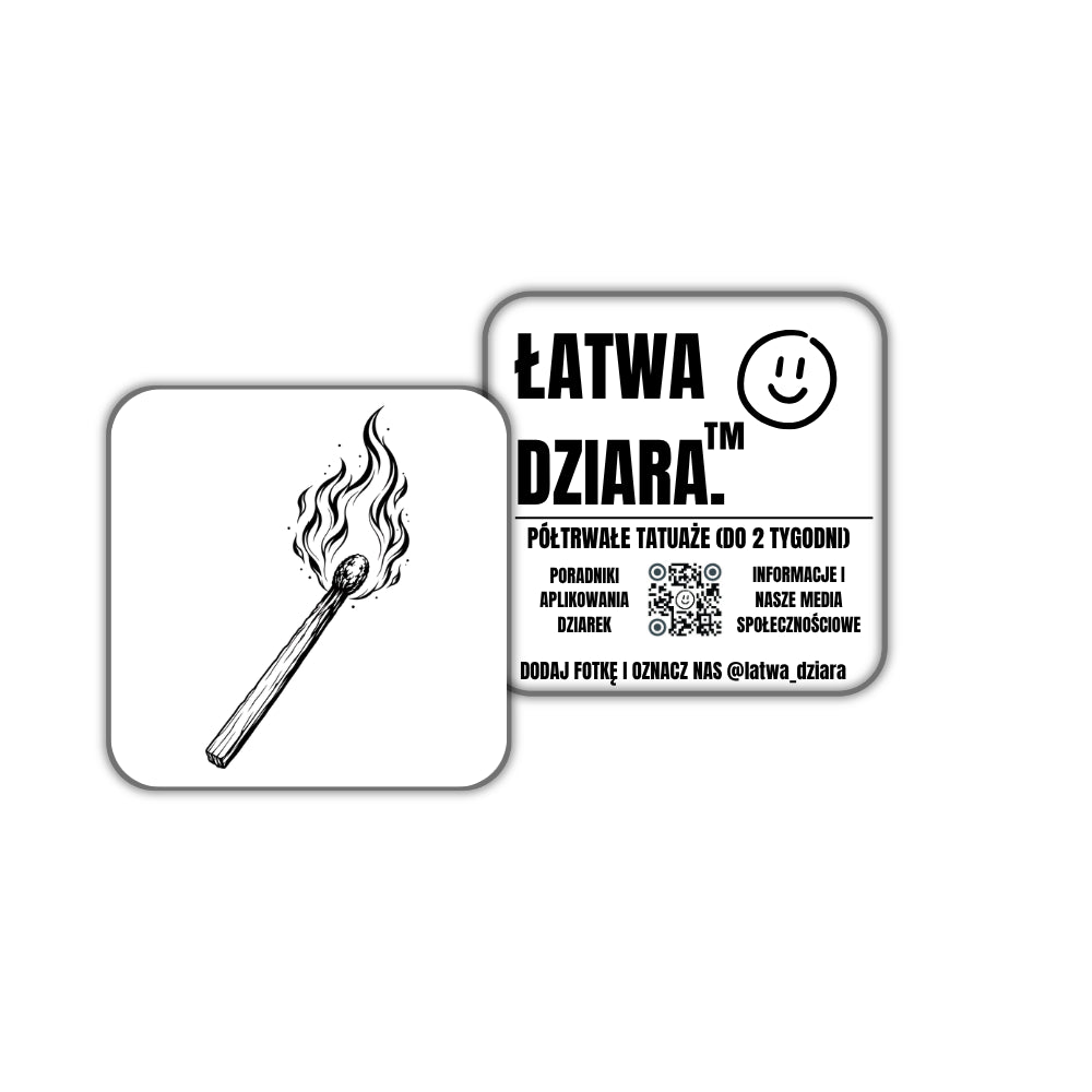 Płonąca Zapałka Mini - czarny tatuaż półtrwały, arkusz 5 × 5 cm, przód i tył opakowania