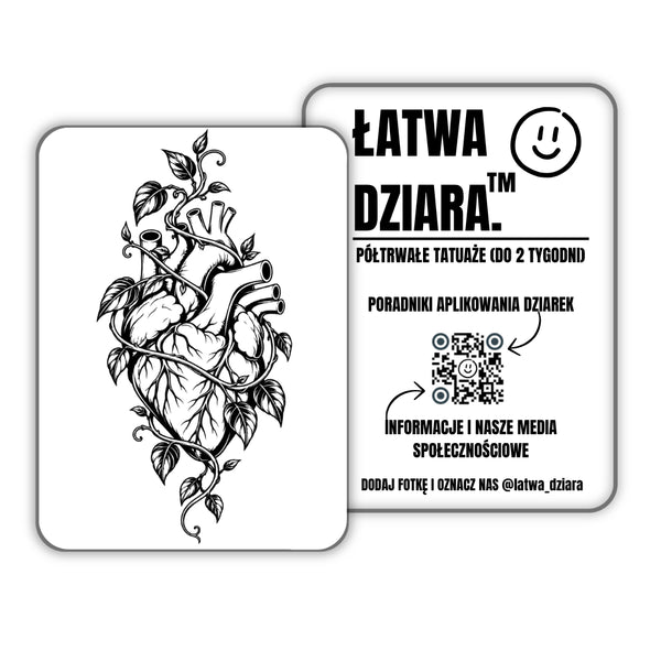 Serce w Pnączach - czarny tatuaż półtrwały, arkusz 8 × 11 cm, przód i tył opakowania