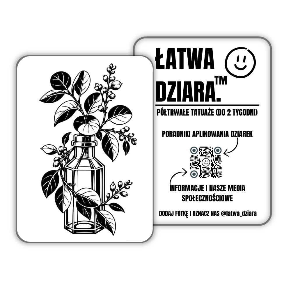 Zielona Butelka - czarny tatuaż półtrwały, arkusz 8 × 11 cm, przód i tył opakowania