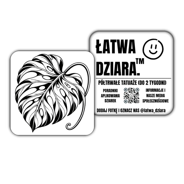 Liść Monstery - czarny tatuaż półtrwały, arkusz 10 × 10 cm, przód i tył opakowania