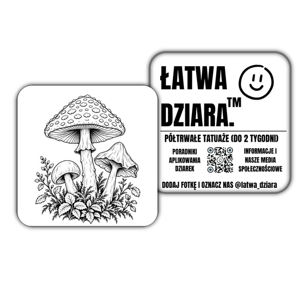 Leśne Grzyby - czarny tatuaż półtrwały, arkusz 10 × 10 cm, przód i tył opakowania