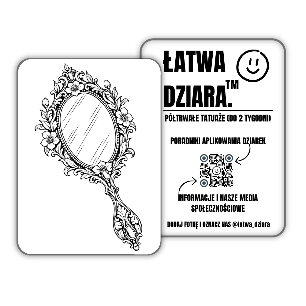 Kwiatowe Zwierciadło - czarny tatuaż półtrwały, arkusz 8 × 11 cm, przód i tył opakowania